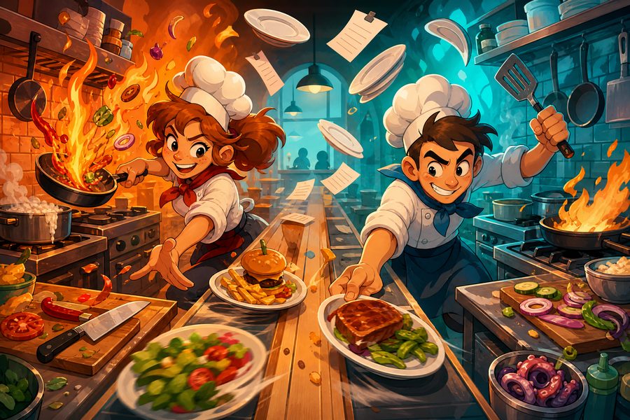A chaotic cartoon restaurant kitchen split by a counter with two chefs working opposite stations