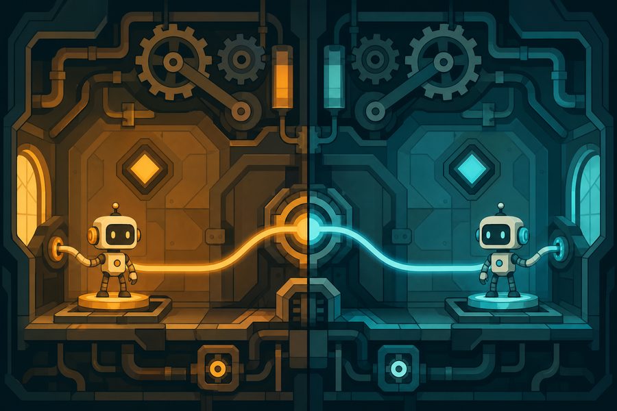 Two small robot characters on opposite sides of a symmetrical machine room joined by a glowing cable