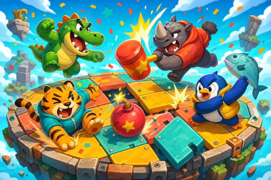 Four chunky cartoon animal characters battling on a small floating arena platform with tilting floor tiles