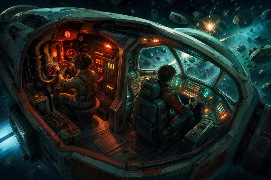 A cutaway spaceship cockpit with a pilot seat and an engineering station lit by warning lights