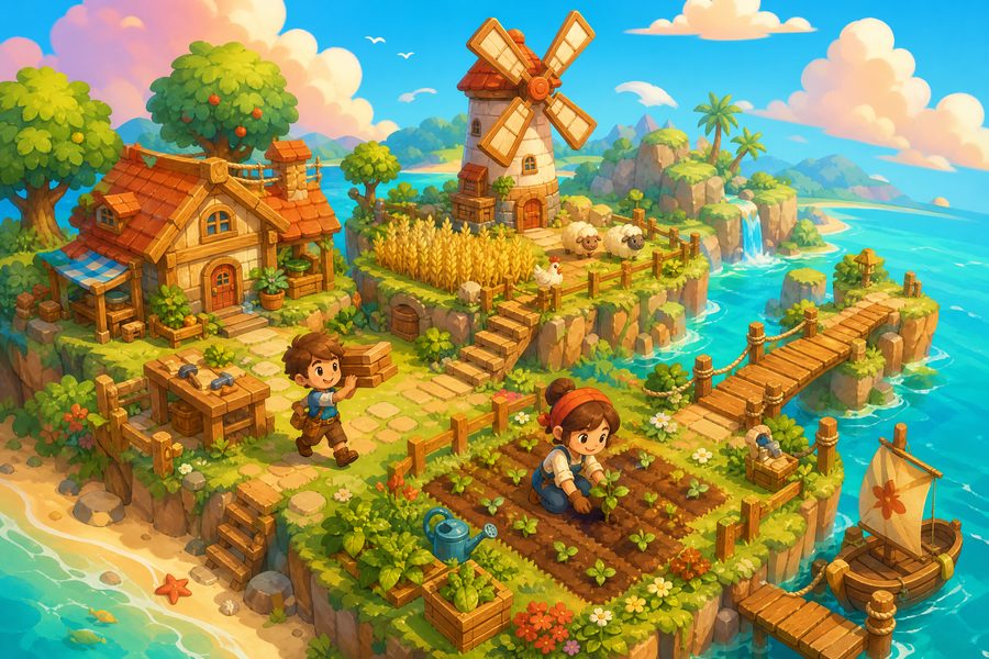 A cheerful isometric island homestead with two small characters building and planting together
