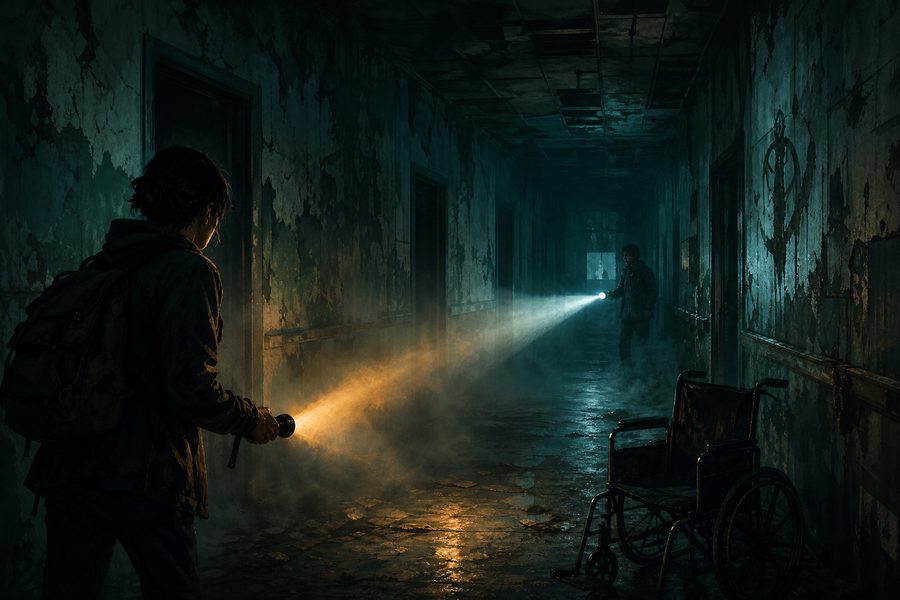 A dark abandoned hospital corridor lit by two crossing torch beams with fog and a wheelchair