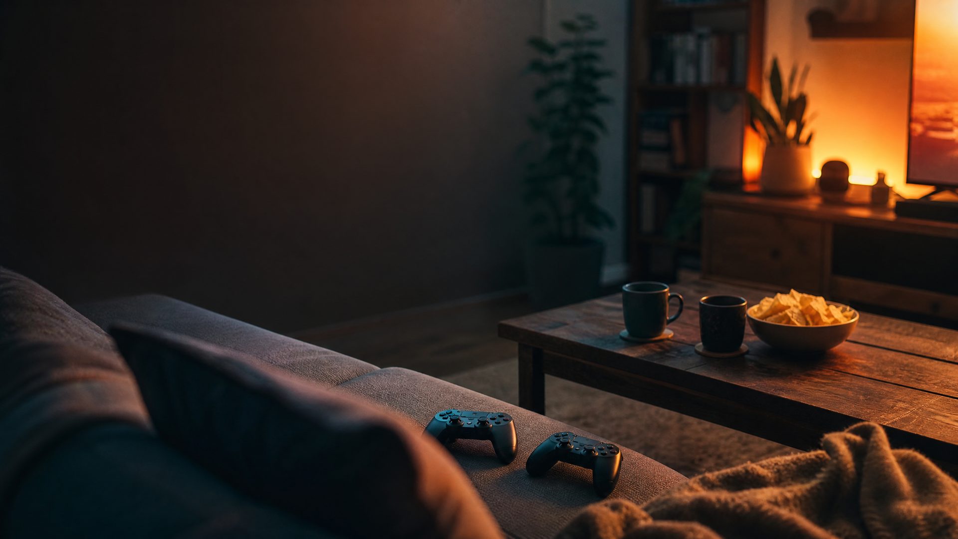 A living room in the evening with two controllers resting on a sofa cushion and two mugs on a coffee table