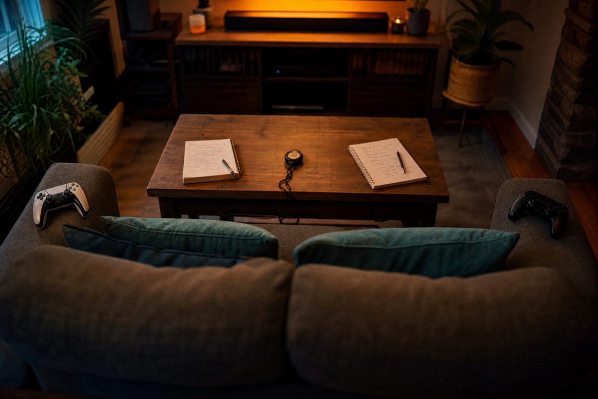 A sofa seen from behind with a controller on each armrest and two notebooks with handwritten notes on the coffee table